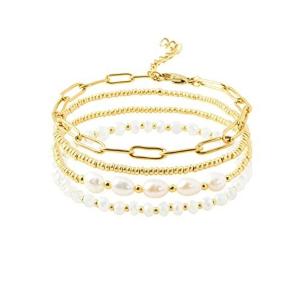 Gold‎ Layered Bracelet Set Paperclip Chain Faux Pearl Beaded Multi Strand Stack